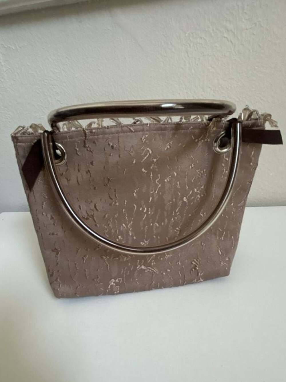 Vintage Taupe Beaded Evening Handbag with Hoop Handles